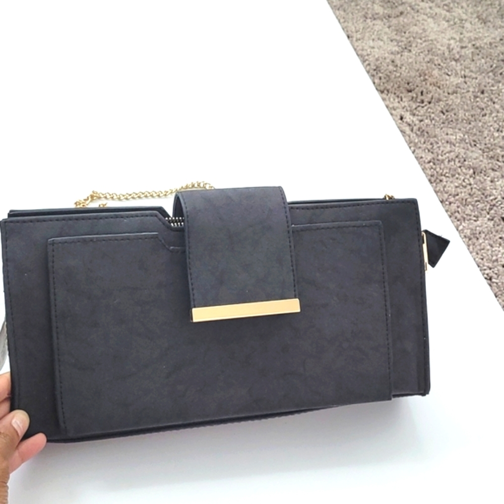 Dark Gray  Faux Suede Clutch Purse w/ Gold Trim flap NWT